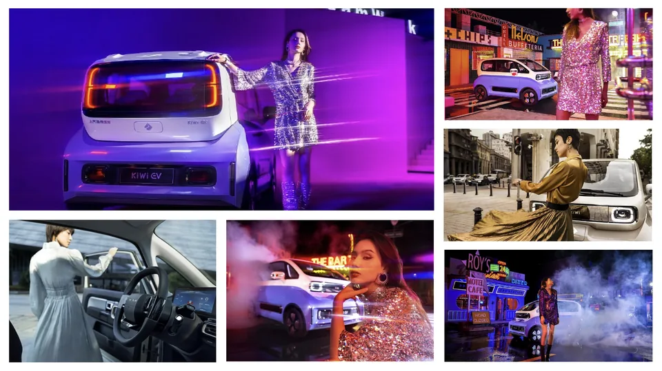 Automotive campaign images combining vehicle, talent, interiors, and night environments