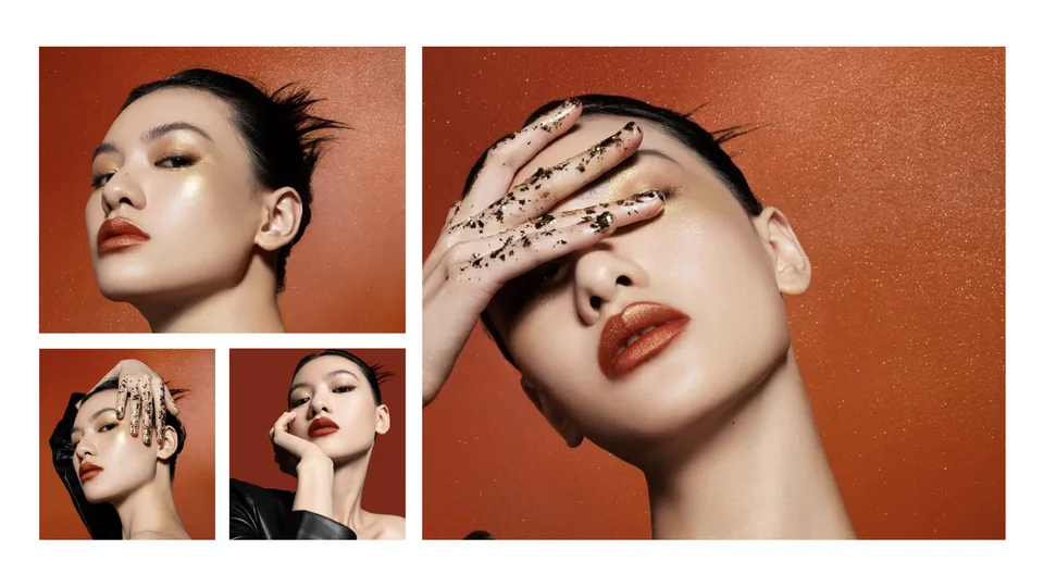 Finished beauty campaign images with precise skin, makeup, and color work
