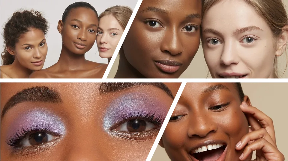 A finished beauty campaign showing a range of skin tones and makeup details