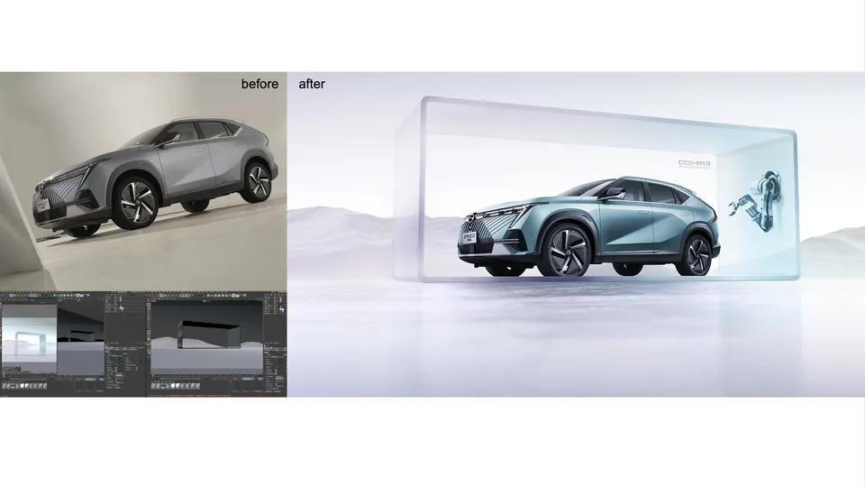 Before and after automotive composite showing source photography and finished launch imagery