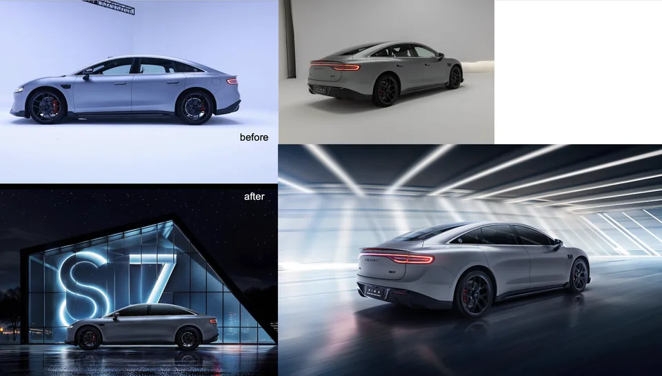 Automotive before and after comparisons showing two vehicles placed into finished campaign environments