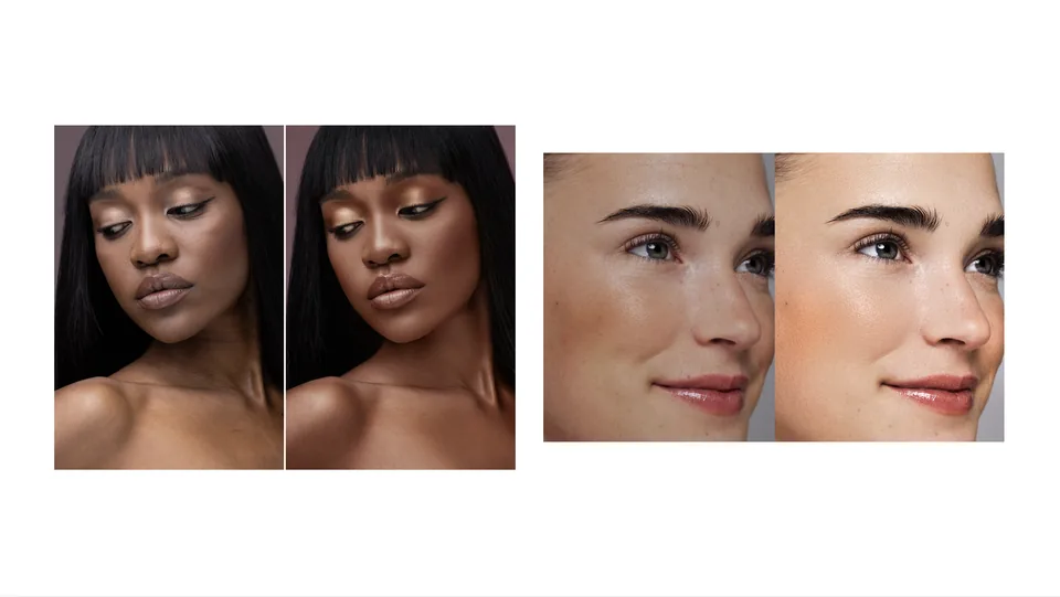 Before and after beauty retouching comparisons showing skin and tonal refinement