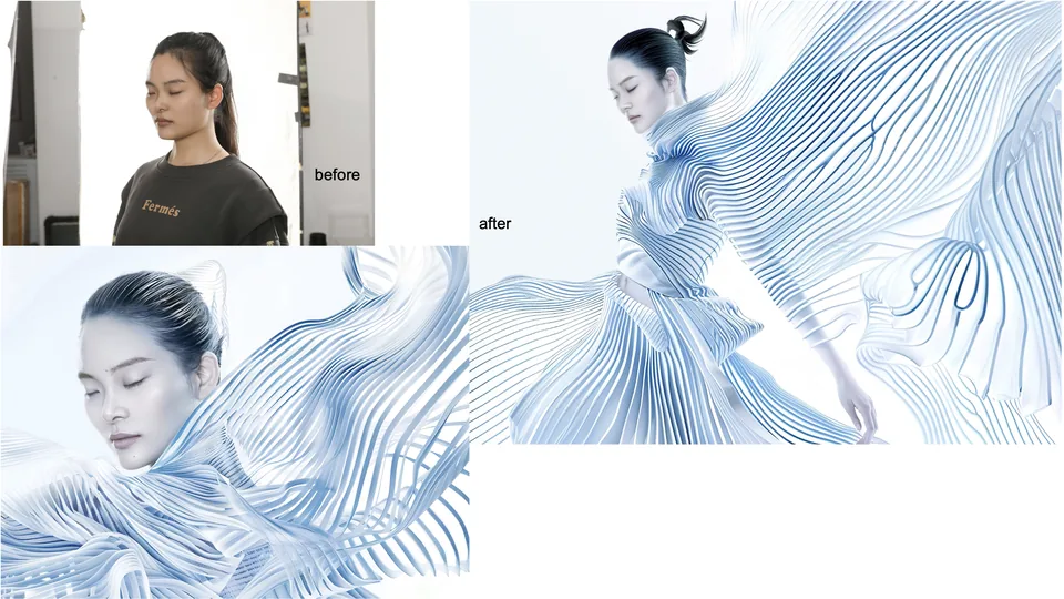 Before and after creative composite combining portrait photography with flowing graphic forms