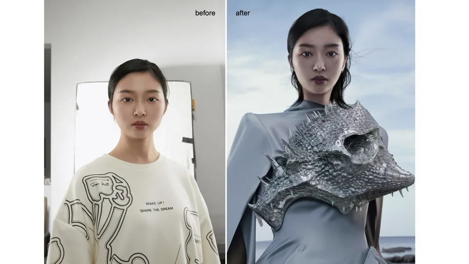 Before and after conceptual fashion composite transforming a studio portrait into a finished campaign image