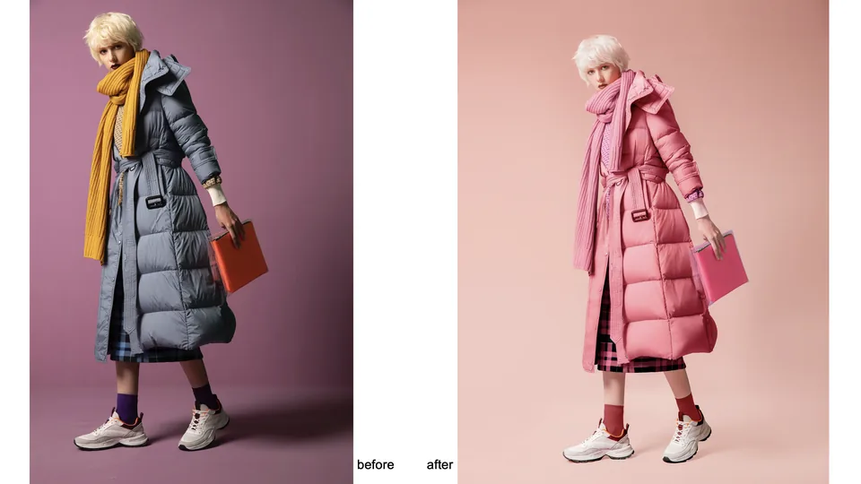 Before and after fashion image showing wardrobe color, lighting, and tonal finishing