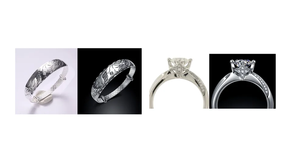 Before and after jewelry retouching showing metal, stone, reflection, and shape refinement