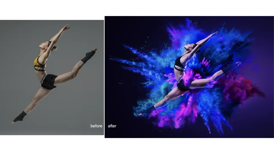 Before and after dancer composite showing the addition of color, movement, and atmospheric effects