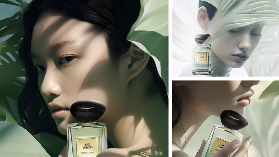 Green fragrance campaign compositions combining portrait and product imagery